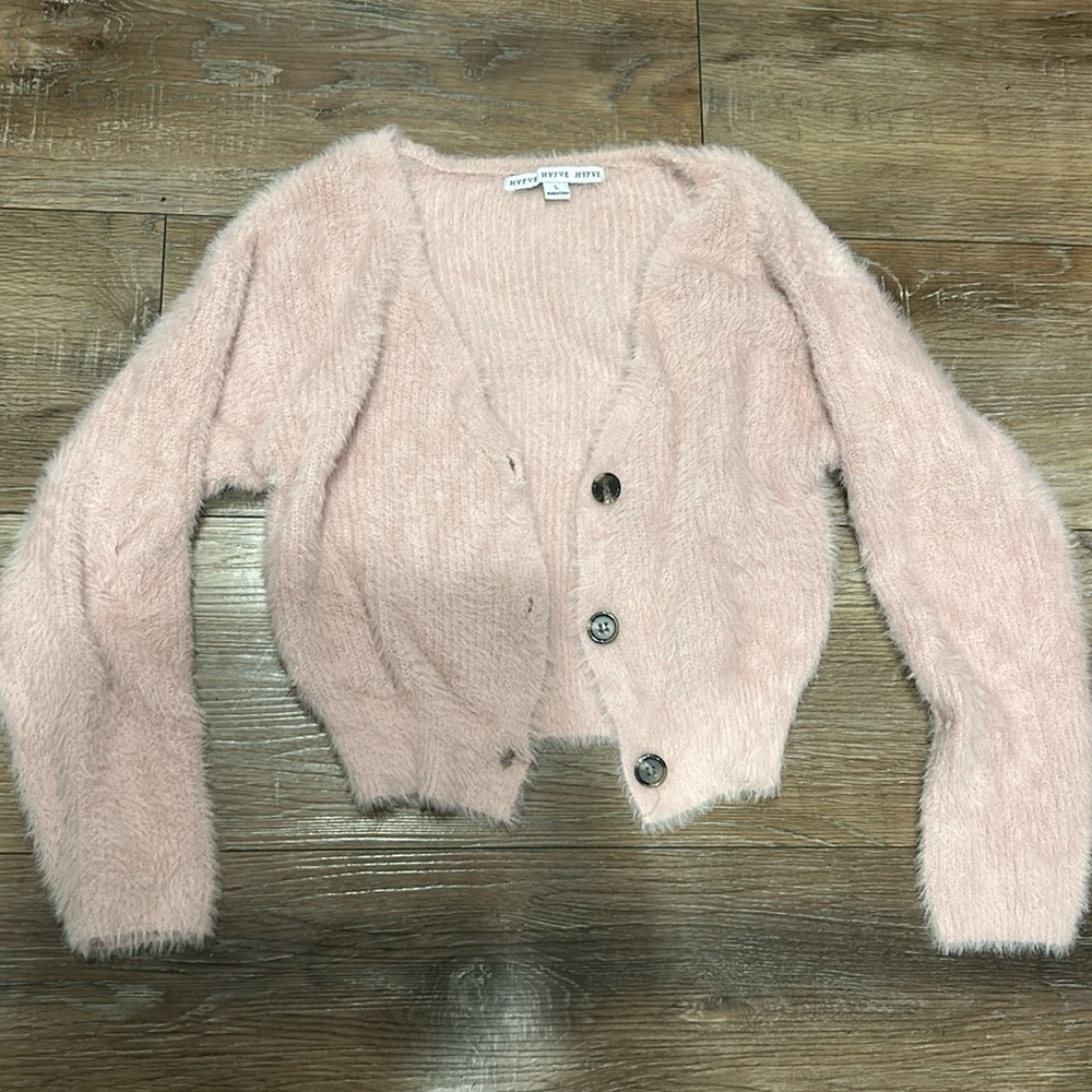 HYFVE pink fuzzy cardigan sweater with 3 buttons